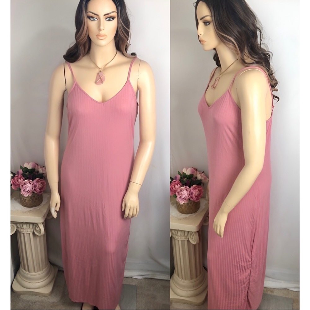 SALE 🔥 2X PLUS Mauve Pink Ribbed Maxi Y2K Spaghetti Strap Soft Spring Long Dress